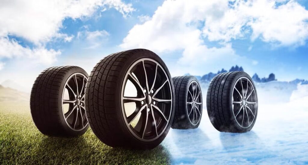 Two tires displayed on a white background, showcasing their design and texture.